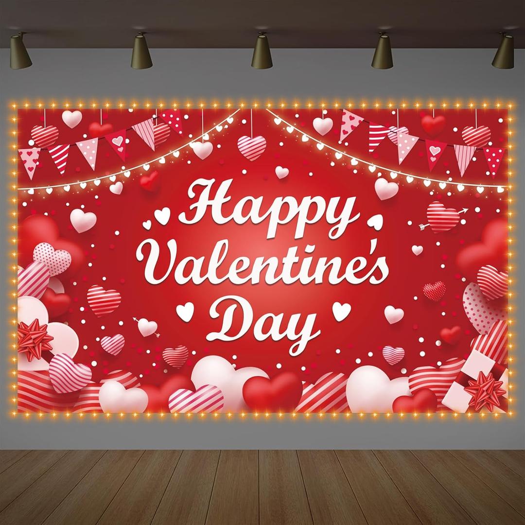Valentine's Day Banner with LED Light, Glow in the Dark Valentine's Day Party Decoration,Happy Valentines Backdrop 43.3 * 71 inch for Wedding Party