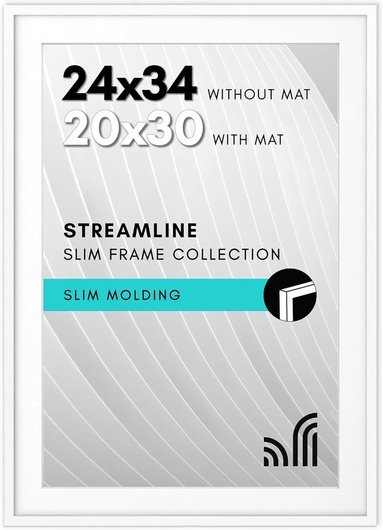 Americanflat 24x34 Poster Frame with Polished Plexiglass - Use as 20x30 Frame with Mat or Display 24x34 Photo Without Mat - Streamline Collection - Thin Border Picture Frames for Wall - White