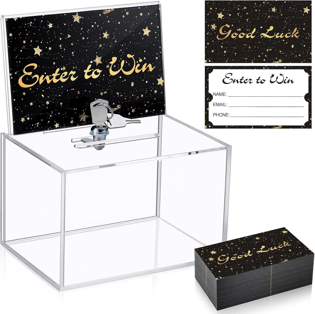 1 Pcs 6.3 x 4.4 x 4 Inch Acrylic Raffle Box with Lock 200 Pcs Raffle Tickets Cards Ticket Box with Sign Holder Suggestion Storage with Slot Clear Donation Collection for Vote (Black)