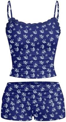 Hilinker Womens Sexy 2 Piece Pajama Set Lace Trim Ruched Cami and Shorts Summer Cute Pjs Dark Blue Floral Large XL
