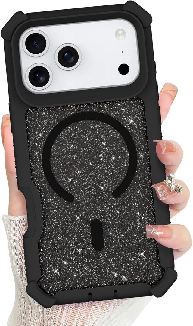 Bonoma for iPhone 17 Pro Max Case 2025, Sparkly Glitter Bling Back, Magnetic Support for MagSafe Shockproof Cover, Crystal and Corner High-Duty Protection for Girls Women -Black