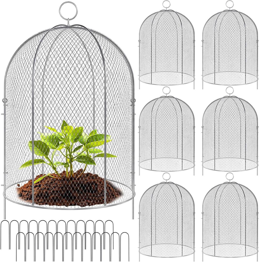 Novabright 6 Pack Garden Cloches for Plants 12" x 16" with Stakes & Zip Ties, Plant Covers from Animals Large Metal Mesh Chicken Wire Cloche Plant Protector Cage for Vegetable Garden Outdoor (Silver)