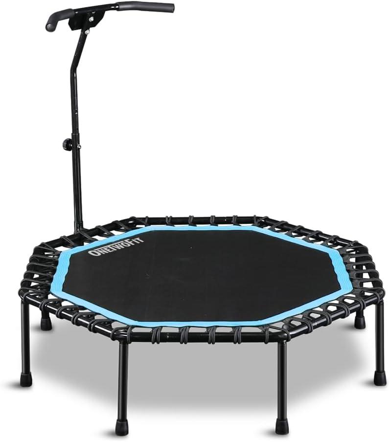 ONETWOFIT 51" Silent Trampoline with Adjustable Handle Bar, Fitness Trampoline Bungee Rebounder Jumping Cardio Trainer Workout for Adults Blue