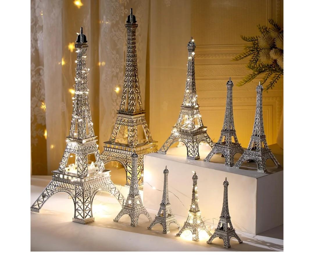 Hicarer 9 Pcs Eiffel Tower Statue Decor 5-15 Inch 5 Size Alloy Metal Paris Eiffel Tower Craft French Party Decoration for Living Room Table Stand Holder Collectible Gift(Silver)