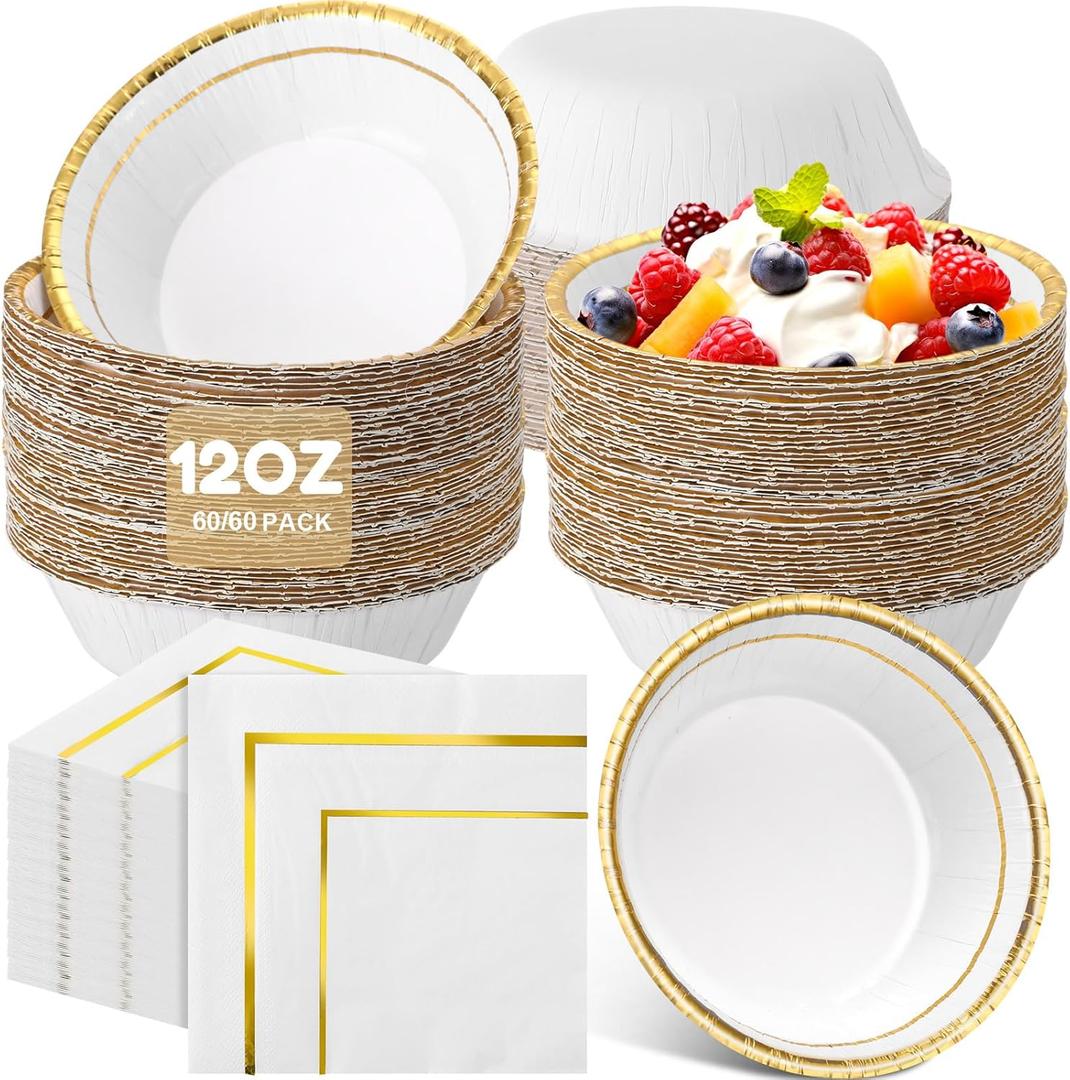 Newtay 120 Pcs 12 oz Paper Bowls with Gold Rim and White Napkin with Gold Rim Disposable Paper Tureen Bulk Party Decor for Weddings Parties Dinners Baby Shower Birthday Supply