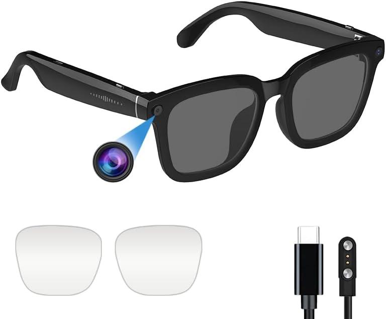 AI smart Camera Glasses: HD 1080P Video Recording and Photo Taking, Translation, Assistant Conversation, Suitable for Outdoor and Indoor, Cycling, Hiking Travel (Black Sunglasses)
