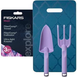 Fiskars 3-Piece Gardening Set, Explore Collection Hand Tools and Kneeler, FiberComp Trowel and Cultivator, Dual Layer Knee Pad for Digging, Weeding, and Soil Aeration, Lightweight Rustproof Design