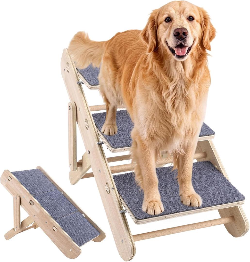 Wooden Foldable Dog Stairs, 2-in-1 Foldable Pet Stairs and Ramp for High Beds Couch and Cars, 3-Tier Convertible Wood Pet Steps with Non-Slip Carpeted Surface for Dogs and Cats