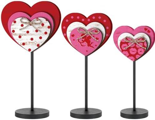 3 Pcs Large Valentine's Day Wooden Sign Valentine Heart Standing Block Set Love Heart Table Centerpiece Valentine Romantic Tiered Tray Decor for Home Farmhouse Office Desk Mantle Shelf Decor(Classic)