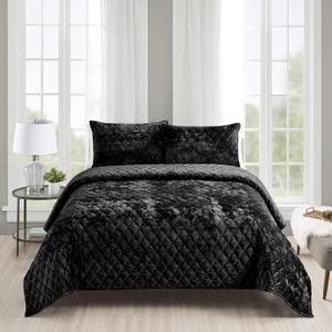 Fredsure Distressed Velvet Quilt Set, 3 Pieces Black Queen, Distressed Velvet Face and Brushed Microfiber Reverse with Diamond Quilting