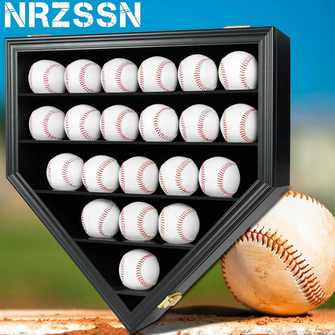 21 Baseball Display Case Wall Mount - UV Protection Lockable Shadow Box with Clear Acrylic Door | Wood Showcase Cabinet for Collectible Balls (Black)