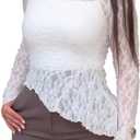 CHICME Womens Long Sleeve Mesh Top Round Neck Lace Floral See Through Blouses Casual Asymmetrical Shirt (Without Tank) (White)