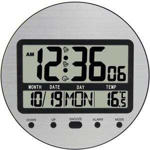 Digital Wall Clock Battery Operated, Large Display with Temperature, Date, Day of The Week, Seconds, Round Wall Mount Digital Clock - Aluminum Metal Dial (Silver)