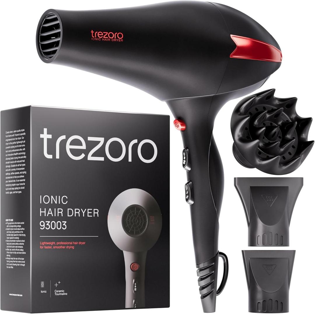 TREZORO Professional Hair Dryer with Diffuser, Ionic Ceramic Tourmaline Technology, 2000W Fast Quiet Drying, With Narrow & Wide Concentrator Nozzles, 3 Heat & 2 Speed Settings, Cool Shot Button, Black