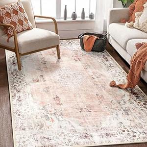 MUJOO Boho Rug 4'x6' Area Rugs for Bedroom Living Room Dining Room Pink Small Rugs Machine Washable Non Slip Carpet for Office Dorm Bedside Kitchen Laundry Room Floral
