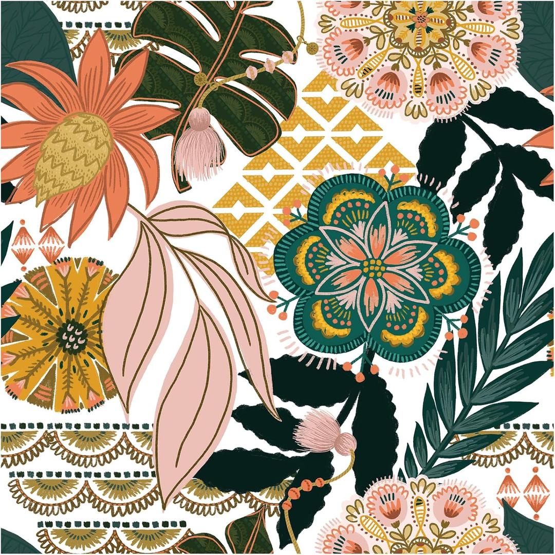 HAOKHOME Boho Peel and Stick Wallpaper Tropical Floral Removable Contact Paper Stick on Wallpaper for Accent Wall Living Room 17.3in x 118in (Yellow/Pink/Green)