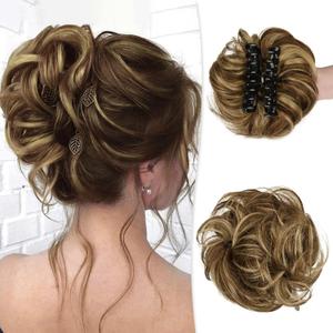 RUWISS Claw Clip Messy Bun Hair Piece Real Human Hair Buns Wavy Curly Chignon Hair Bun Extensions Tousled Updo Hair Buns Claw Clip Ponytail Hairpieces - Brown with Blonde Highlights (40g) RUWISS Claw Clip Messy Bun Hair Piece Real Human Hair Buns Wavy Curly Chignon Hair Bun Extensions Tousled Updo Hair Buns Claw Clip Ponytail Hairpieces - Brown with Blonde Highlights (40g)