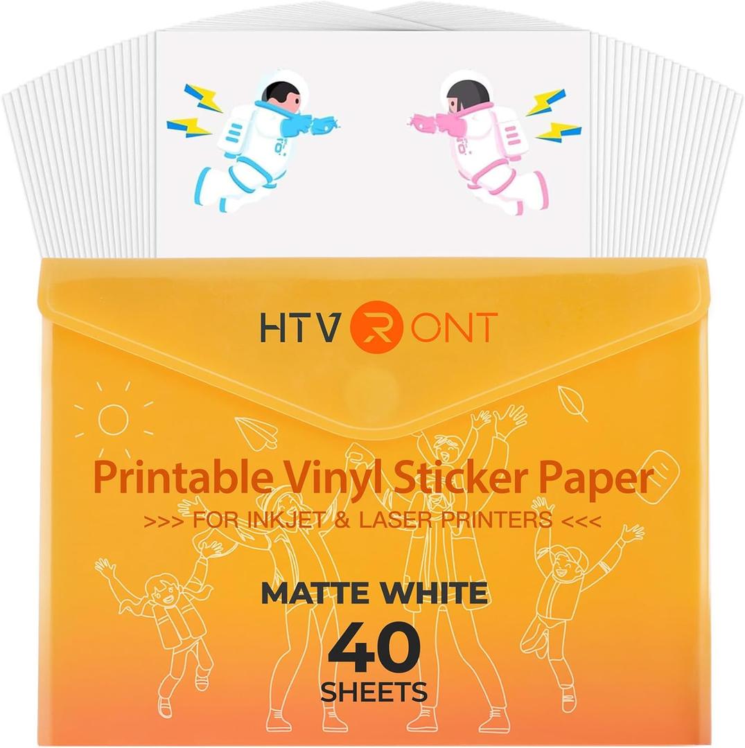 HTVRONT Printable Vinyl for Inkjet Printer & Laser Printer - 40 Pcs Matte White Inkjet Waterproof Printable Vinyl Sticker Paper, 8.5"x11"