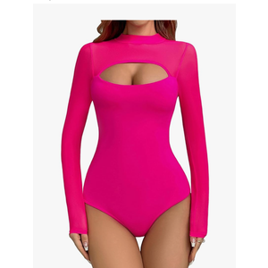 Aranmei Women’s Sexy Mock Turtle Neck Long Sleeve Shirts Sheer Mesh Cutout Trendy Going Out Bodysuits Tops, L