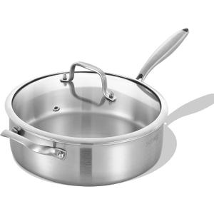 Inqibee Tri-Ply 7 Quarts Stainless Steel Saut Pan with Lid, 12 Inch Induction Deep Frying Pan, Large Skillet,Jumbo Cooker, Dishwasher and Oven Safe,Detachable Handle.