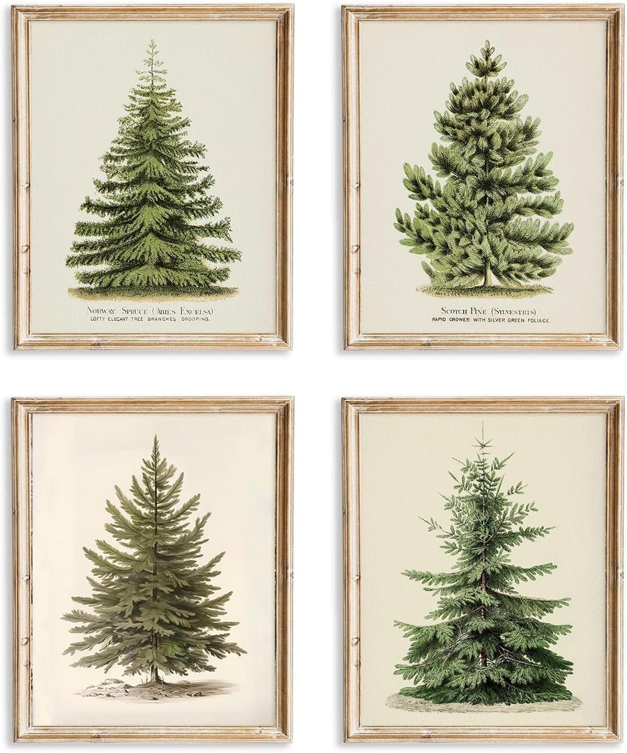 ASTRDECOR Vintage Christmas Tree Wall Art  Set of 4 Rustic Pine Tree Prints, Cozy Botanical Winter Holiday Decor, Unframed Christmas Wall Artwork for Festive Home Styling (8x10 Inch)