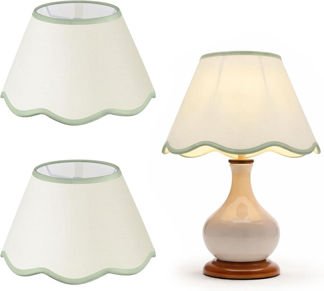 VIHOSE 9.4'' Bottom x 5.9'' High x 5.1'' Top Set of 2 Beige Lamp Shade with Petal Edge, Fabric Chandelier Scalloped Lampshade, for Floor Wall Lamps Table Bedroom Living Room(Light Green Edge)
