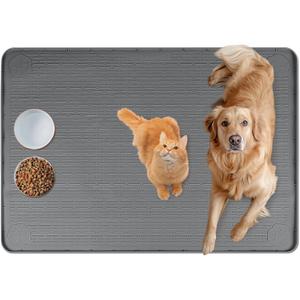 Cat Food Mat, 40" x 28" Extra Large Silicone Pet Feeding Mat with Raised Edge Pet Placemat for Food and Water Bowl Non-Slip, Easy to Clean, Floor Protection (Dark Grey)