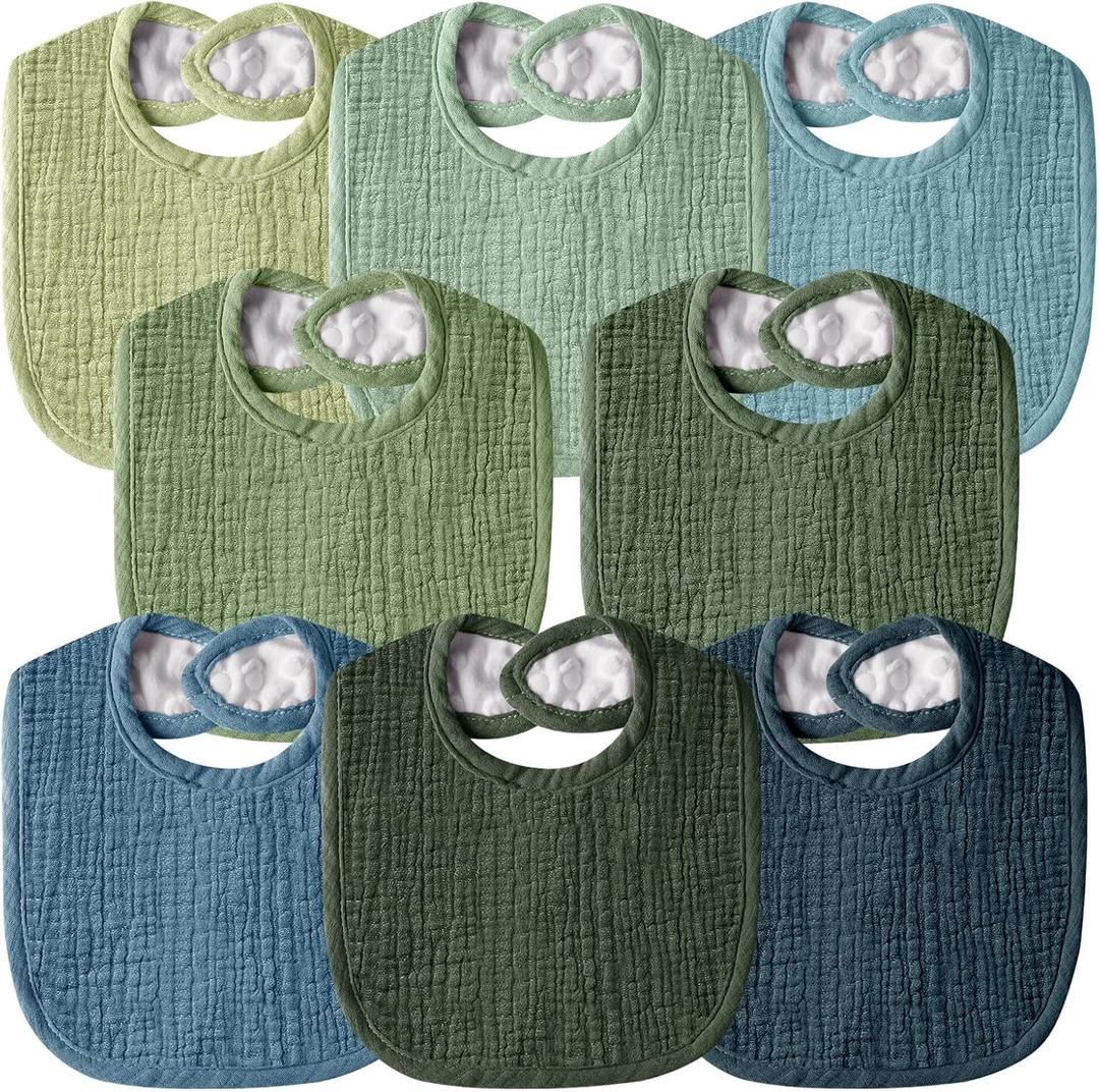 Muslin Baby Bibs for Unisex Boys Girls, Cotton Drool Bibs, Adjustable Newborn Bibs for Drooling and Teething (8 Pack-green)