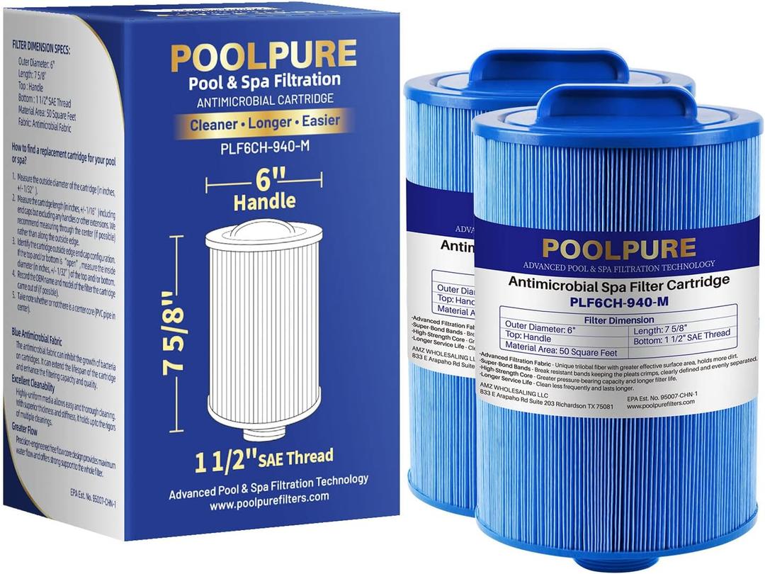 POOLPURE 6CH-940RA Spa Filter Replaces Pleatco PWW50P3-M(1 1/2" Coarse Thread), Filbur FC-0359M, 03FIL1400, 45 sq.ft Screw in Filter 2 Pack