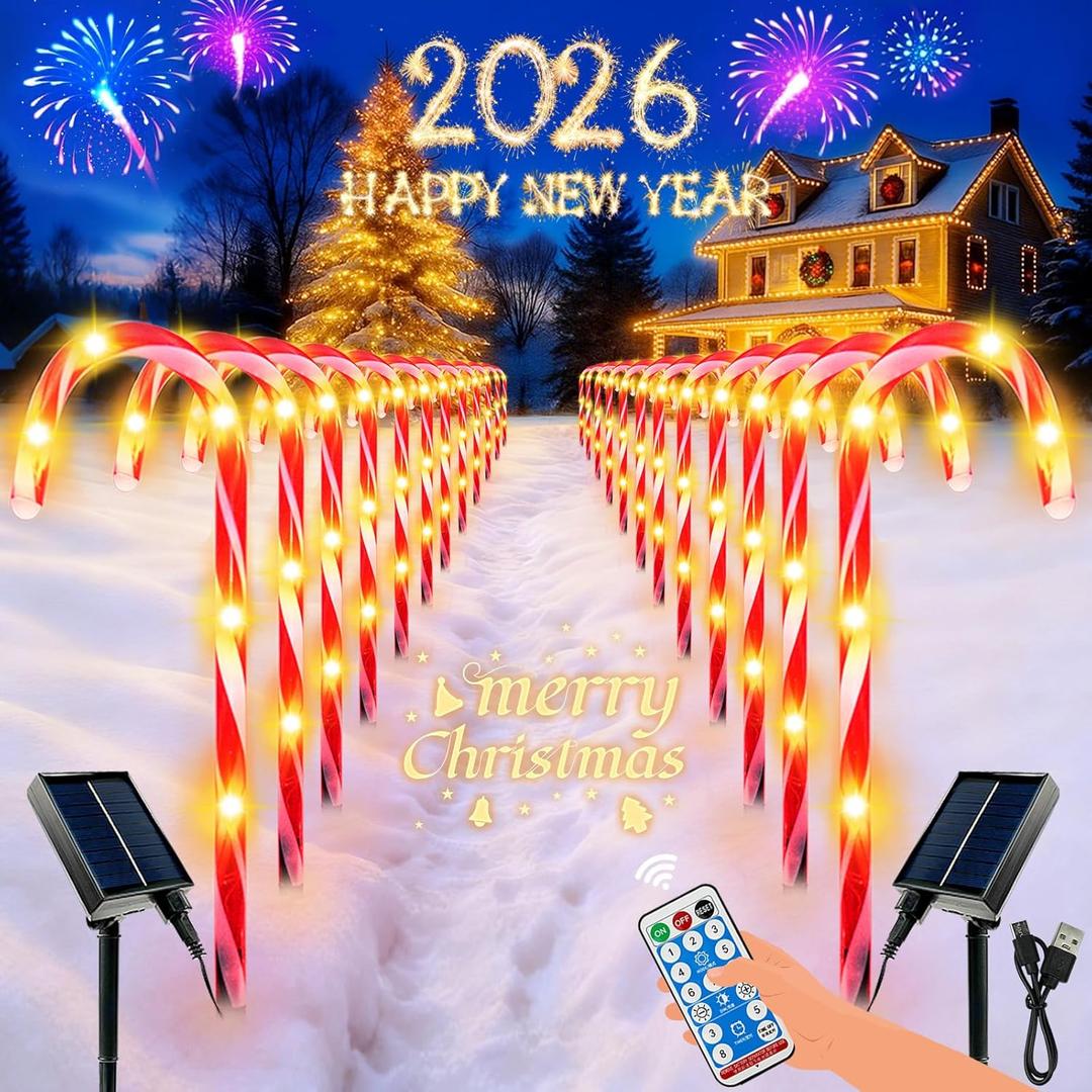 BOSSERN Upgraded 24 Pack Candy Cane Solar Christmas Lights Waterproof, Rechargeable Pathway Lights with Remote, Solar Powered & USB Charging Christmas Decorations Outdoor for Garden Lawn Yard Party