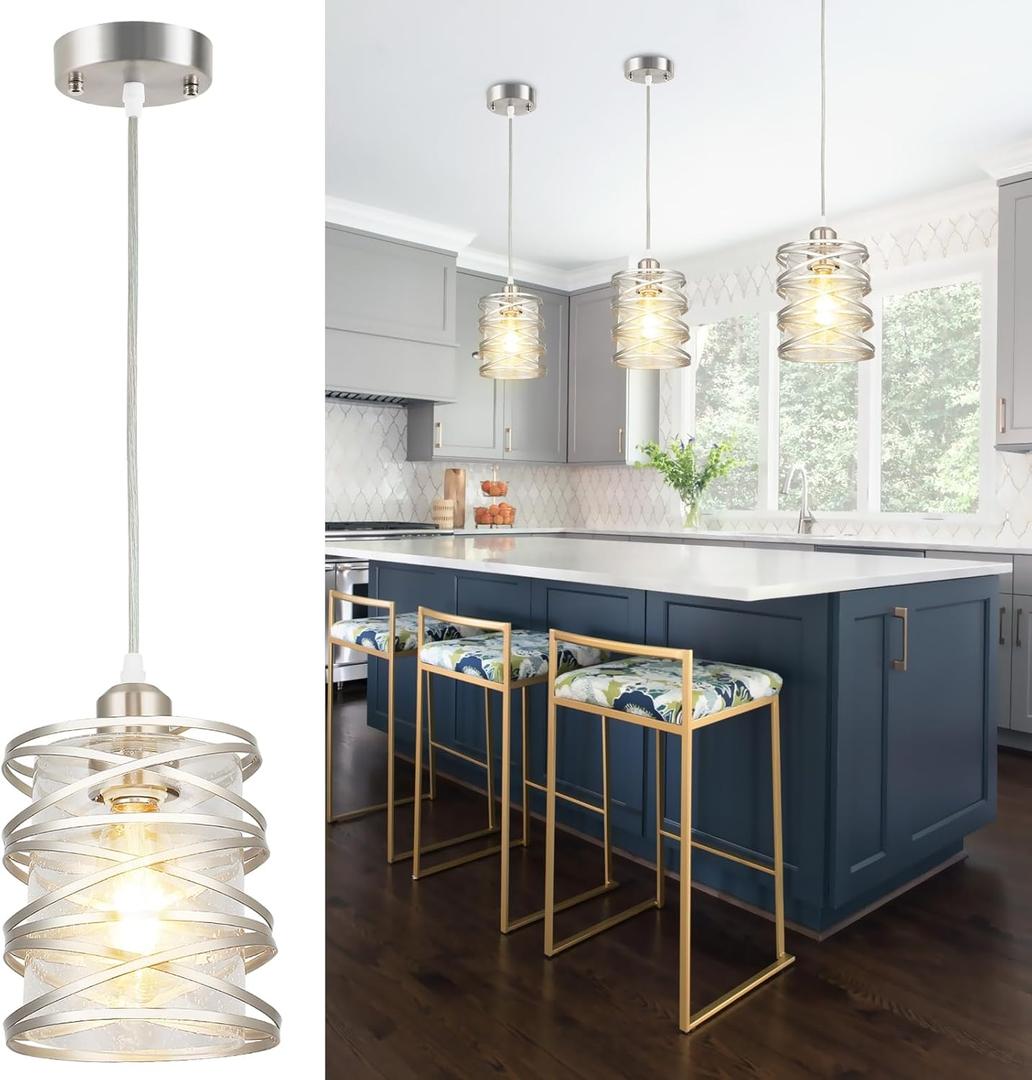 Brushed Nickel Pendant Light for Kitchen Island, Spiral Iron Pendant Light Fixtures with Seeded Glass Shade, Adjustable Height Hanging Pendant Lighting for Dining Room Hallway Kitchen Foyer