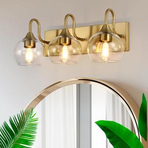 Bathroom Light Fixtures,3-Light Bright Gold Vanity Light Over Mirror, L 21" Modern Wall Sconces with Clear Glass Globe Shade, Bathroom Wall Lights for Mirror Kitchen Bedroom Hallway