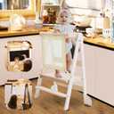 Foldable Toddler Standing Tower,2-Adjustable Height Kids Step Stool,Wooden Kitchen Helper with Whiteboard & Chalkboard,Anti-Tip Safety Rails Montessori Helper for Learning,Cooking, Ages 1-4 Years