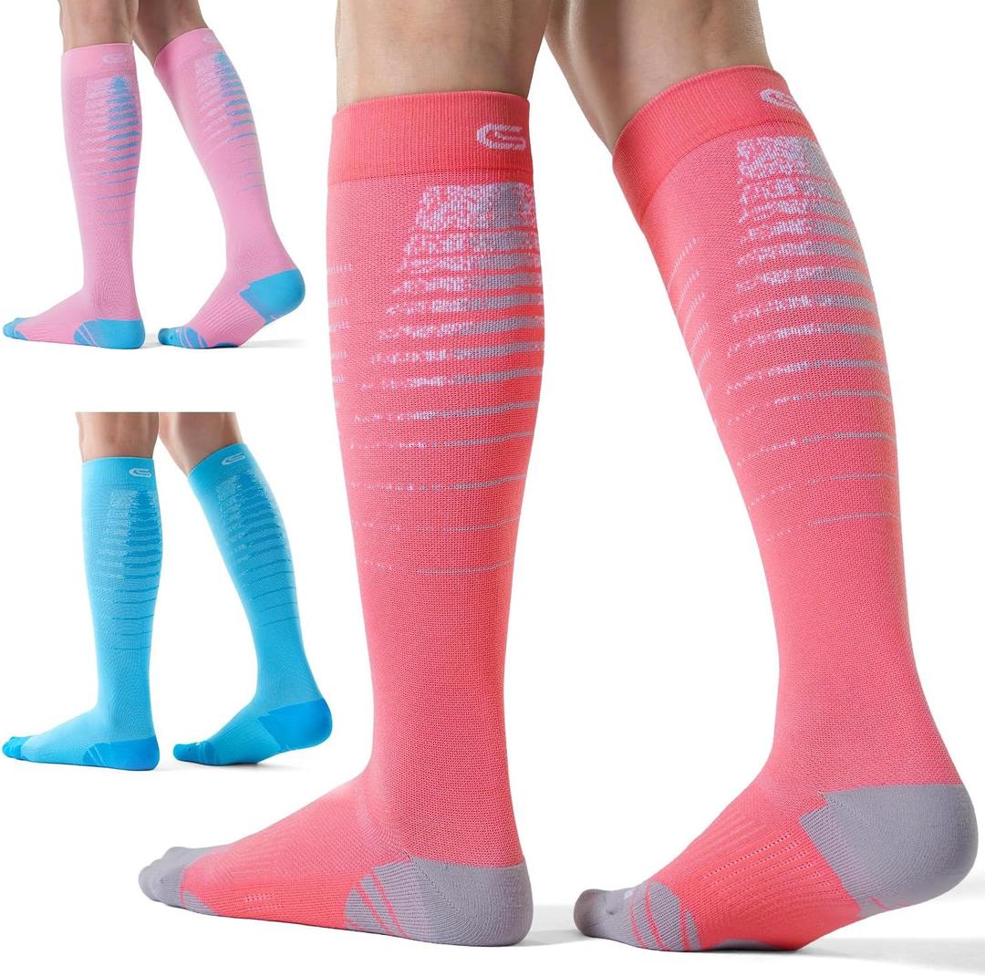 CS CELERSPORT 3 Pairs Compression Socks for Men and Women 20-30 mmHg Running Support Socks (Small-Medium, Blue+watermelon Red+pink)
