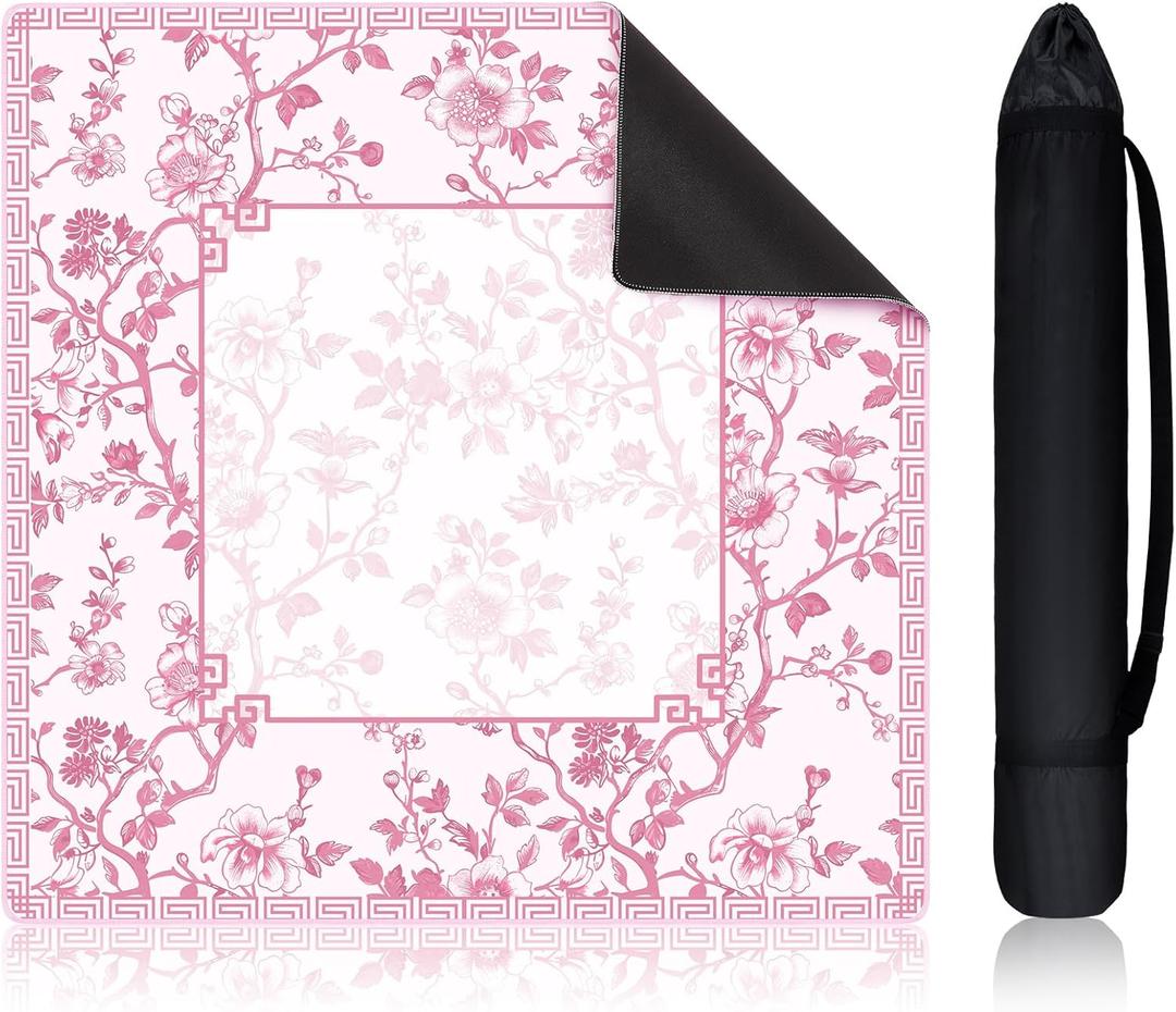 22 Inch Mini Chinoiserie Mahjong Mat for Travel Set Pink and White Floral Mahjong Mat Cute Small Domino Accessories Gifts Domino and Tile Game Table