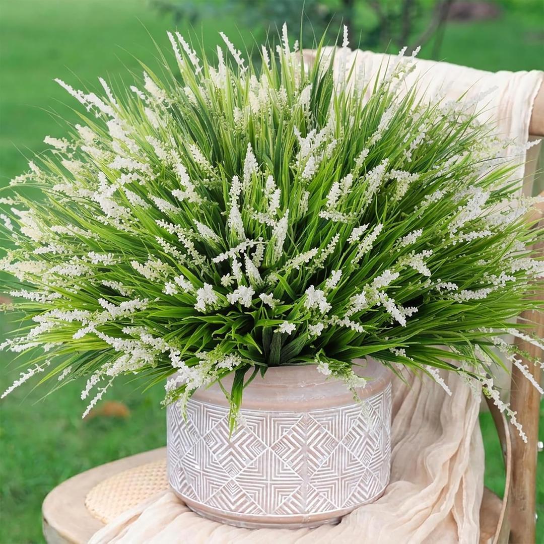 Artificial Fake Outdoor Plants Flowers for Summer Decoration,10 Bundles Faux Plastic Tall Monkey Grass Greenery UV Resistant Realistic for Home Outside Planter Window Porch Patio Garden-White