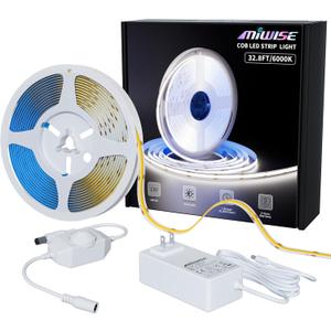 MIWISE COB LED Strip Light 32.8ft/10m,CRI 90+ Daylight White 6000K High Lumen Dimmable Super Bright Flexible DC24V LED Tape Light with Controller/Dimmer,for Cabinet Home Office DIY Lighting Projects