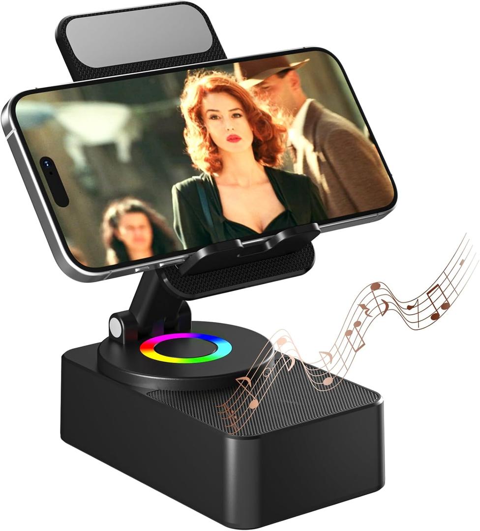 Cell Phone Stand with Wireless Bluetooth Speaker, LED, Anti-Slip Base HD Surround Sound,Perfect for Home/Outdoor with Bluetooth Speaker for Desk Compatible with iPhone/ipad/Android,Gifts for Men Women (Black-1)