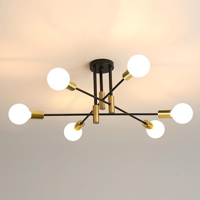 DELIPOP Sputnik Light Fixture, 6-Light Black Gold Dining Room Light Fixture, Mid-Century Modern Ceiling Light Fixture for Living Room, Kitchen, Dining Room, Bedroom