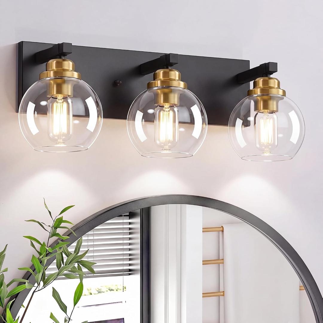 LmnLvn Bathroom Light Fixtures, Farmhouse Black & Gold Metal with Globe