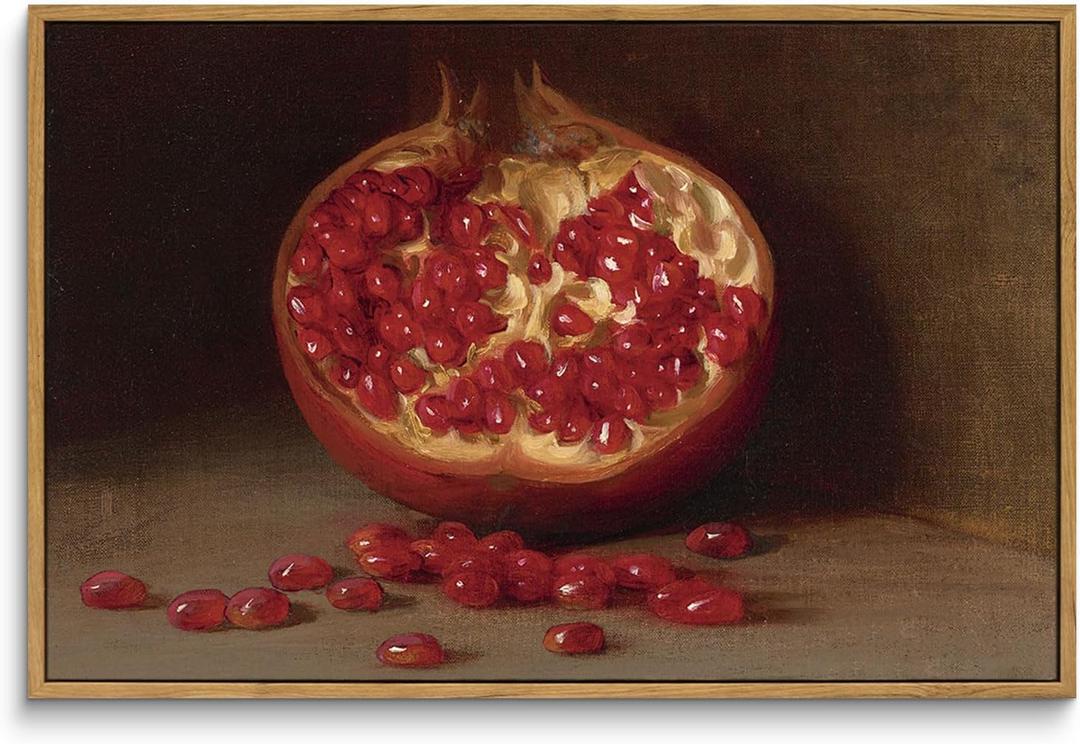 ARPEOTCY Still Life Vintage Wall Art, Pomegranate Fruit Framed Canvas Art Decor, Classical Farmhouse Wall Decor for Living Room, Large Vintage Painting for Kitchen, Dining Decorations, 16x24 inch (24L" x 16W")