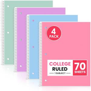 Taja Spiral Notebook College Ruled, 4 Pack, 1 Subject Notebooks (8" x 10-1/2"), 3-Hole Punched Paper, Assorted Pastel Colors Spiral Notebook for School & Office Supplies