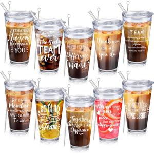Patelai 10 Set Thank You Gifts Employee Appreciation Gifts Bulk 20 oz Glass Tumbler with Lid and Straw for Social Worker Staff Colleagues Teachers Nurse Gift Customer Retirement Present(Team)