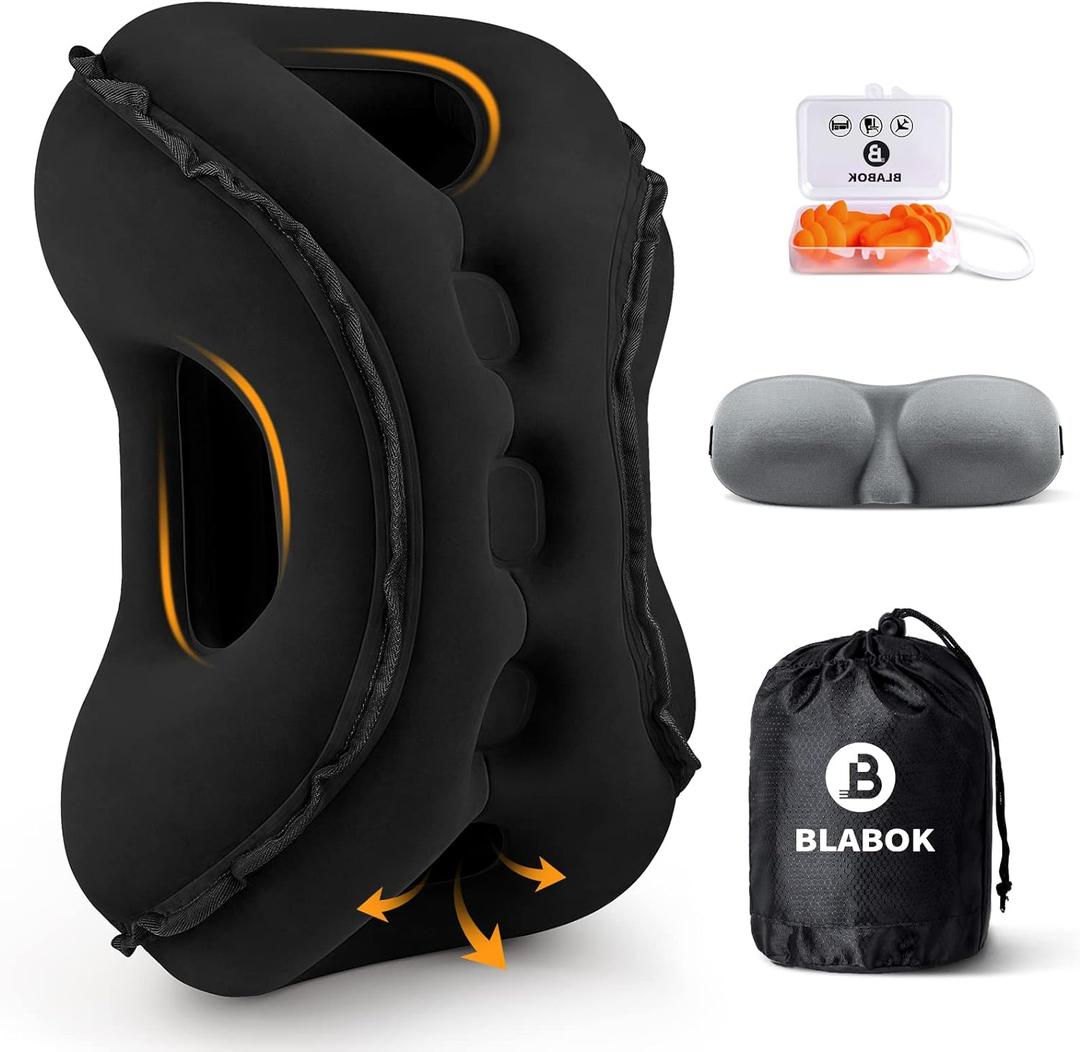 Inflatable Travel Pillow,Multifunction Travel Neck Pillow for Airplane to Avoid Neck and Shoulder Pain,Support Head,Neck,Used for Sleeping Rest, Airplane and Home Use,with Eye Mask, Earplugs, Black (Medium)