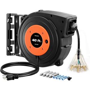 DEWENWILS Retractable Extension Cord Reel, 40 FT Heavy Duty Power Cord, 12AWG/3C SJTOW, 3 Grounded Outlets Lighted Triple Tap, 15 Amp Circuit Breaker, UL Listed