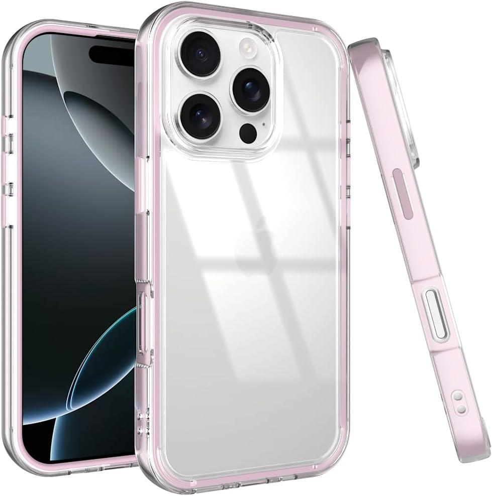 Puxicu Acrylic 2 in 1 for iPhone 16 Pro CaseAnti-Yellowing, Military-Grade Protection, Drop Shockproof Slim Phone Cover for iPhone 16 Pro 6.3", Clear+Light Pink