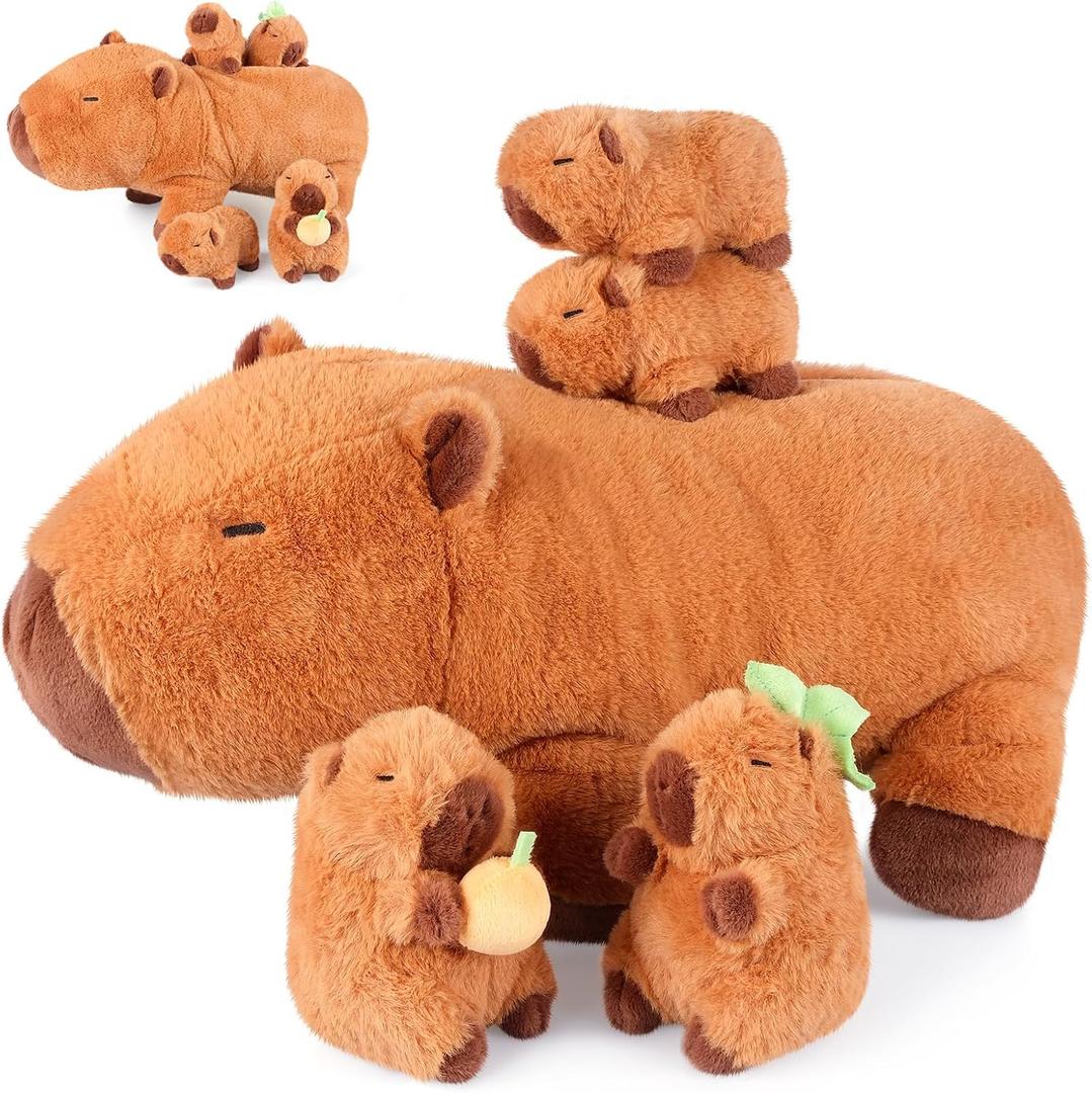 5-in-1 Capybara Stuffed Animals with Babies Inside, 5Pcs Set Capybara Plush with Mommy & 4 Babies, Soft Pillow Plushies Decor, Cute 3 to 8 Year Old Girl Gift, Imaginative Play Toy (Capibara)
