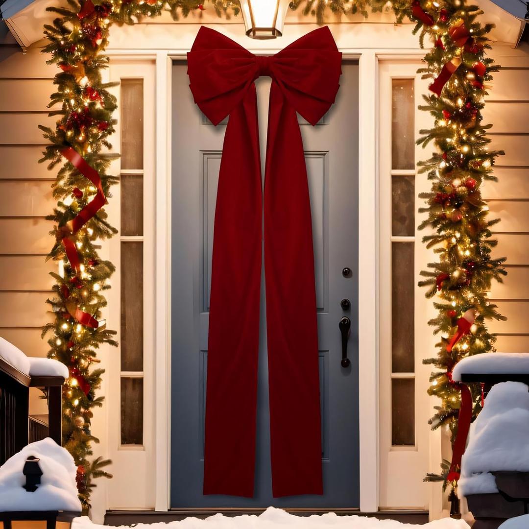Extra Large Christmas Front Door Bow Decorations 27 x 78 Inch Giant Velvet Christmas Tree Topper Bow with Long Streamers Wreath Wall Decor for Home Xmas Room Holiday Porch (Burgundy)