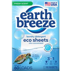 Earth Breeze Laundry Detergent Sheets Fresh Scent - 60 Loads Eco Liquidless Soap - Travel-Friendly for Hot & Cold Cycles, Tackles Tough Stains & Odors - Gentle on Skin, 30 Ct