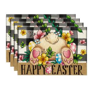 RGHSZ Easter Placemats Set of 4, Easter Table Runner, Bunny Placemats, 12x18 Inch Cute Place Mats, Washable Placemat, Linen Place Mats for Home Dining Holiday Kitchen Spring Table Decoration